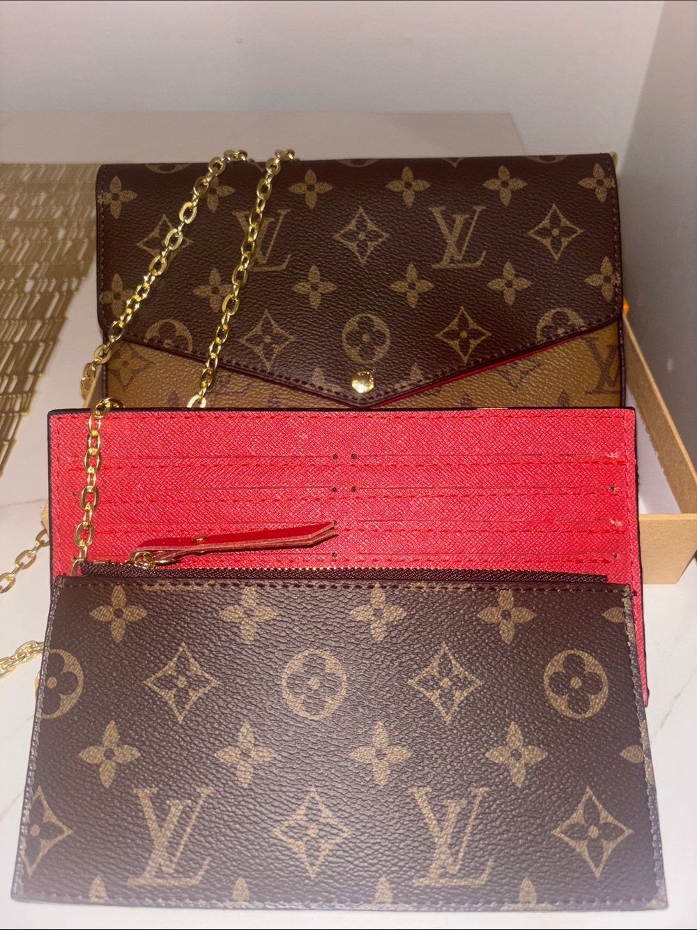 3 piece Brown Monogram
Crossbody Wallet with Red Interior
